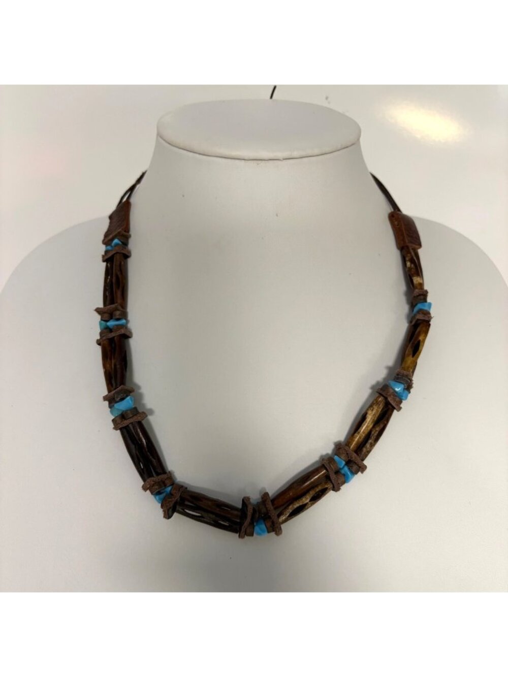 Handcrafted Tribal Style Necklace Carved Beads Turquoise Leather Accents Cord